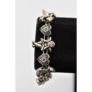 Vintage SP Silver Tone Angel Cherub Heart Slide Charm Bracelet 8” Signed BinBR